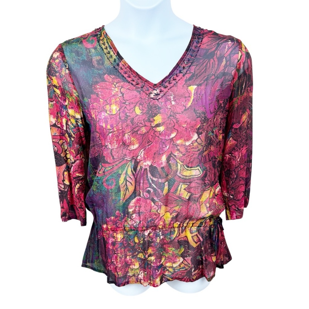 Beaded Dark Floral 100% Silk Graphic Fitted Peplum Adjustable Tie Waist Blouse